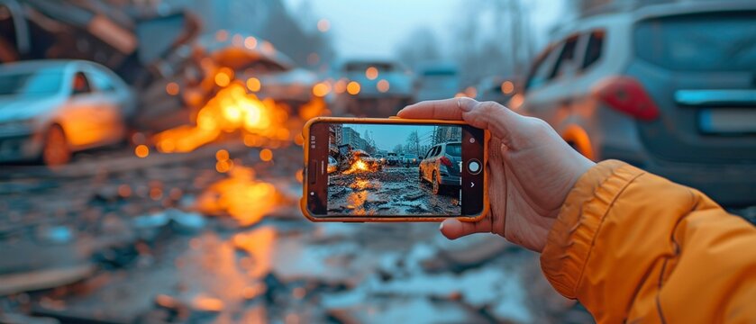 A female hand clutching a smartphone Take photos of vehicle crashes.