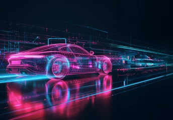 Fotobehang Supercar voiture de sport imaginaire avec contours holographiques virtuels couleurs néons rose et bleu et lignes de fuite pour la vitesse, sur une route noire avec les reflets du véhicule Copy space © Noble Nature