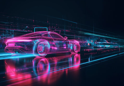 Supercar voiture de sport imaginaire avec contours holographiques virtuels couleurs néons rose et bleu et lignes de fuite pour la vitesse, sur une route noire avec les reflets du véhicule Copy space