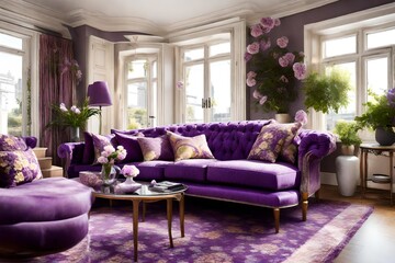 Sunny living room with flowers with dark and light purple color sofa