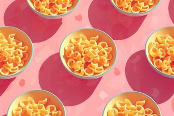 Multiple bowls of cheese snacks on a pink background, creating a vibrant and colorful pattern