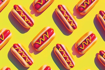 Pattern of hot dogs with mustard on a yellow background, vibrant and colorful food concept