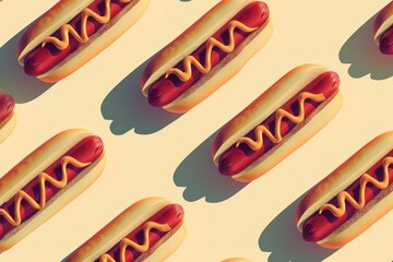 A pattern of hot dogs with mustard on a light background, arranged in a diagonal layout - obrazy, fototapety, plakaty