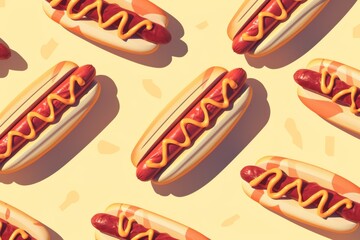 Illustration of multiple hot dogs with mustard on a yellow background, arranged in a pattern