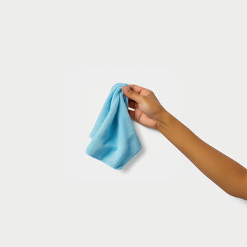 Main de femme tenant &agrave; bout de bras une lingette bleu clair, chiffonnette pour le m&eacute;nage en microfibre. Fond blanc avec espace n&eacute;gatif pour texte, copyspace