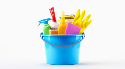 blue bucket with cleaning tools