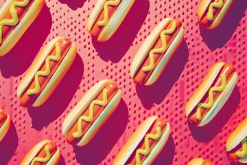 A vibrant pattern of hot dogs with mustard on a pink dotted background, creating a playful and colorful design - obrazy, fototapety, plakaty