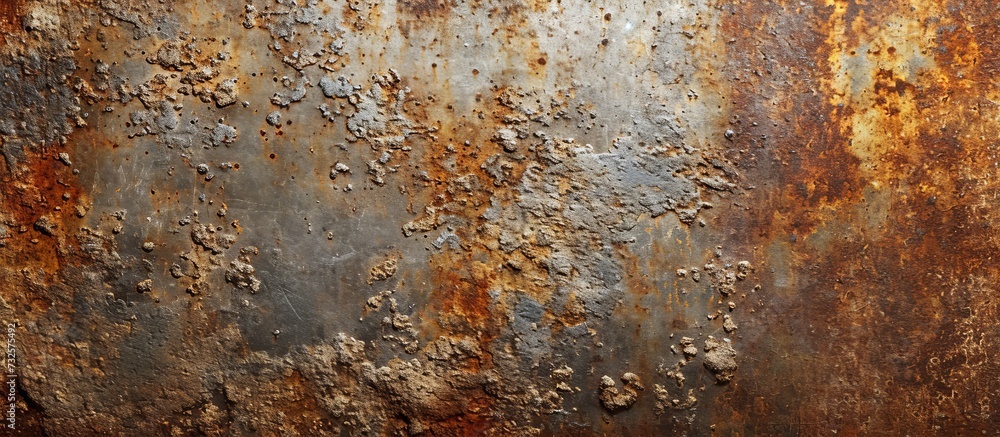 Poster a detailed view of a corroded metal surface showing the intricate rust pattern resembling a piece of