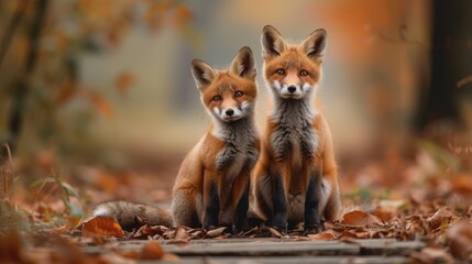 Naklejka na ściany i meble Twin Foxes in Autumn Leaves Captivating Portrait.