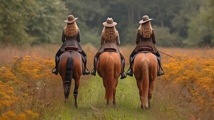 Horsewomen like to ride gorgeous horses side by side on the equestrian center's trail. - obrazy, fototapety, plakaty