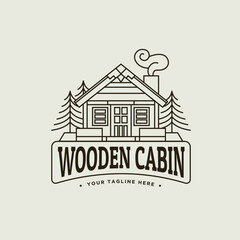 Fototapeta premium Wooden House, Cabin Cottage with Pine Evergreen Line Art Logo Design