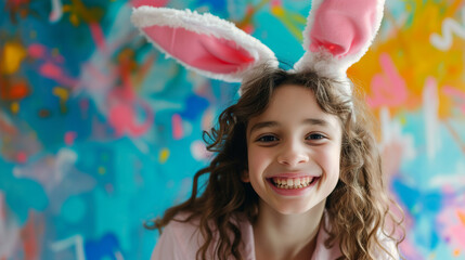 Smiling happy girl with bunny ears headband to celebrate easter, holiday concept