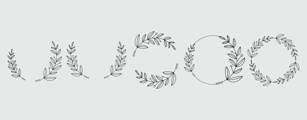 Elegant Hand drawn frames branch and leaves. Wreath. Elegant logo template. Vector illustration botanical decoration elements for labels, branding business identity save the date, logo