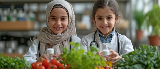 Little girls from various ethnic backgrounds studying science in the classroom while donning a headscarf, hijab, and white uniforms. They are also using stethoscopes to investigate plants.