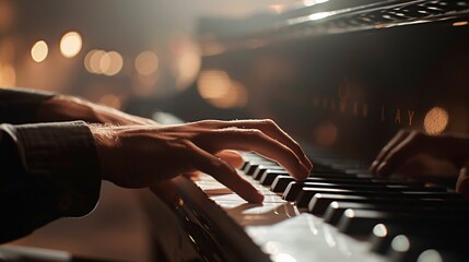 A close-up shot of a talented young pianist's hands passionately practicing on a grand piano. Generate Ai.