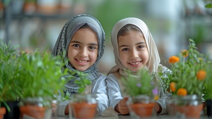 Little girls from various ethnic backgrounds studying science in the classroom while donning a headscarf, hijab, and white uniforms. They are also using stethoscopes to investigate plants.