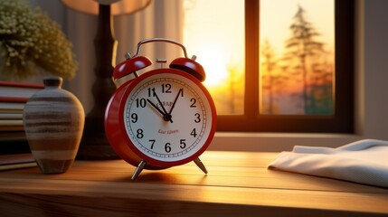 Naklejka premium There is an alarm clock on the windowsill overlooking the city