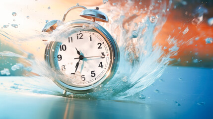 Fototapeta na wymiar The alarm clock floats in a wave of clear water