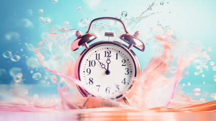 Fototapeta na wymiar The alarm clock is floating in the water