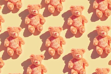 A pattern of cute, plush teddy bears arranged in a grid on a light background. The bears are soft, fluffy, and have a pink hue, creating a playful and whimsical atmosphere