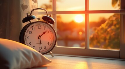 There is an alarm clock on the windowsill overlooking the city
