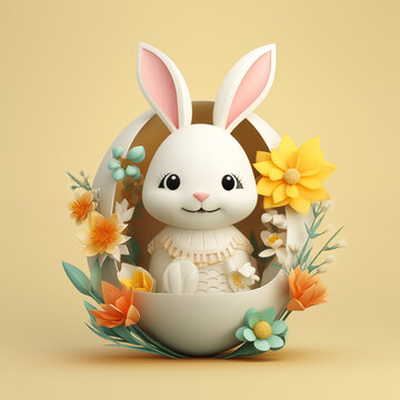 Cute bunny rabbit in Easter egg. 3d Happy Easter day concept or banner.