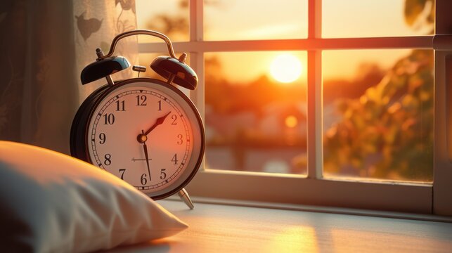 There is an alarm clock on the windowsill overlooking the city