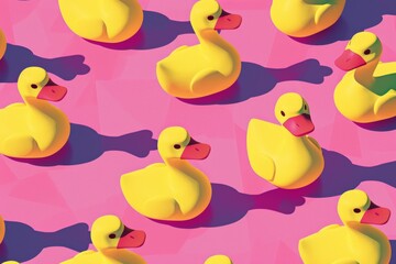 yellow cute rubber ducks on pink background