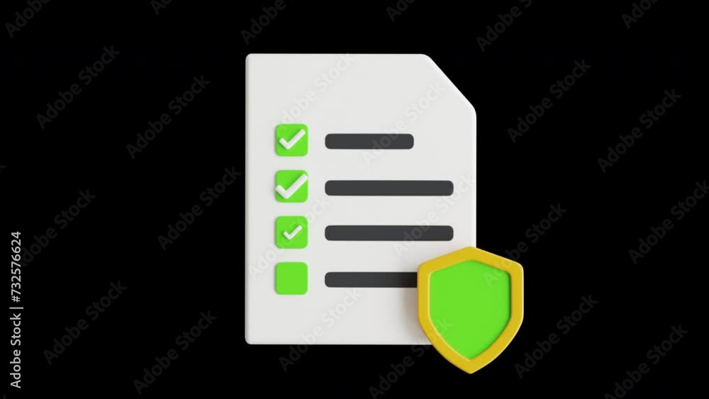Poster 3d animation of shielded checklist with paper containing list | alpha channel