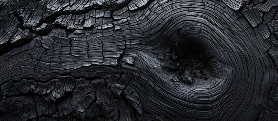 A monochrome photograph showcasing a close-up of a black wooden piece with a hole, resembling a...
