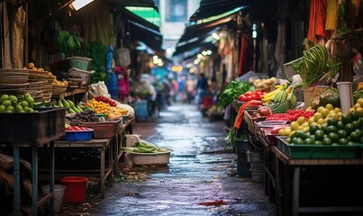 Vibrant Narrow Street Overflowing With Fresh Fruit and Vegetables