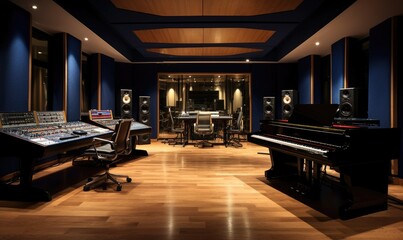 State-of-the-Art Recording Studio With Piano, Piano Keyboard, and Equipment - obrazy, fototapety, plakaty