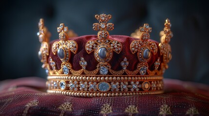 
A golden crown decorated with precious stones on a pillow in the rays of light. Concept: grandeur and luxury or demonstration
power and achievements