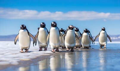 Group of Penguins Walking Along Beach