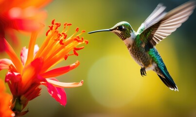 Hummingbird in Flight Towards Flower With Blurry Background
