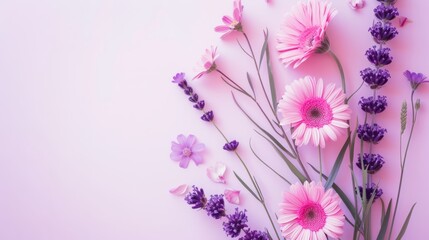 Top view image of pink and purple flowers composition over pastel background, copy space