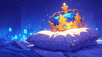 Naklejka premium cartoon cute prince crown decorated with precious stones on a pillow in rays of light.