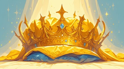 cartoon cute prince crown decorated with precious stones on a pillow in rays of light.
