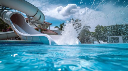 Water slide splashing into a resort pool
