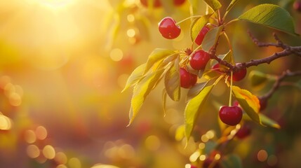 A branch with natural cherries on a blurred background of a cherry orchard at golden hour. The concept of organic, local, seasonal fruits and harvest