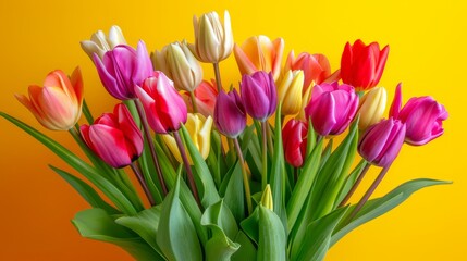 Beautiful Bouquet of vivid colorful tulips flowers on yellow background