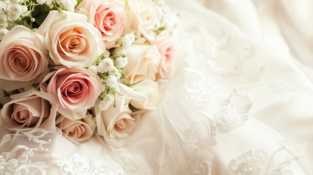 Banner of a wedding dress and bridal flowers bouquet