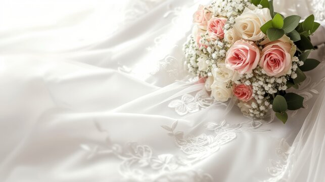 Banner of a wedding dress and bridal flowers bouquet