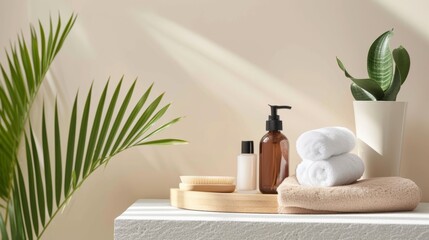 Fototapeta na wymiar Towel, Lotion Bottle, Face Moisturizer Pump, Scrub Brush and Plant Pot, Organic Skin care wellness spa concept