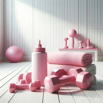 pink dumbbells on white wooden floor in white gym room