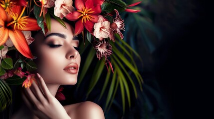 Fashion portrait of young beautiful woman with exotic flowers in hair