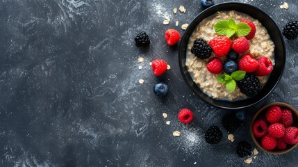 Delicious oatmeal in a bowl with berries on top, copy space