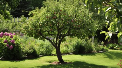 Fototapeta na wymiar Green apple-laden tree focal point, lush garden