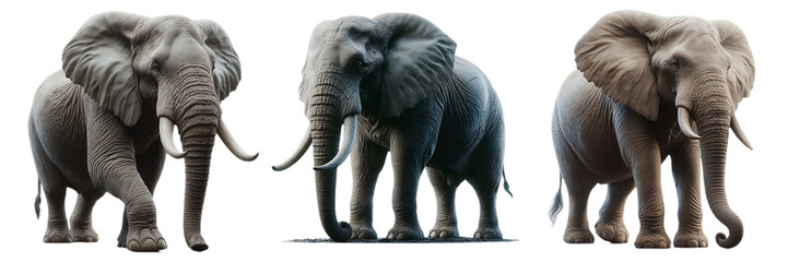 Three African elephants Standing in different directions transparent background