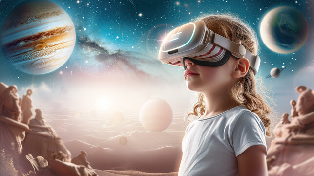 School child with virtual reality glasses studying astronomy against the background of the planets of the solar system. The concept of using virtual reality in school studying 